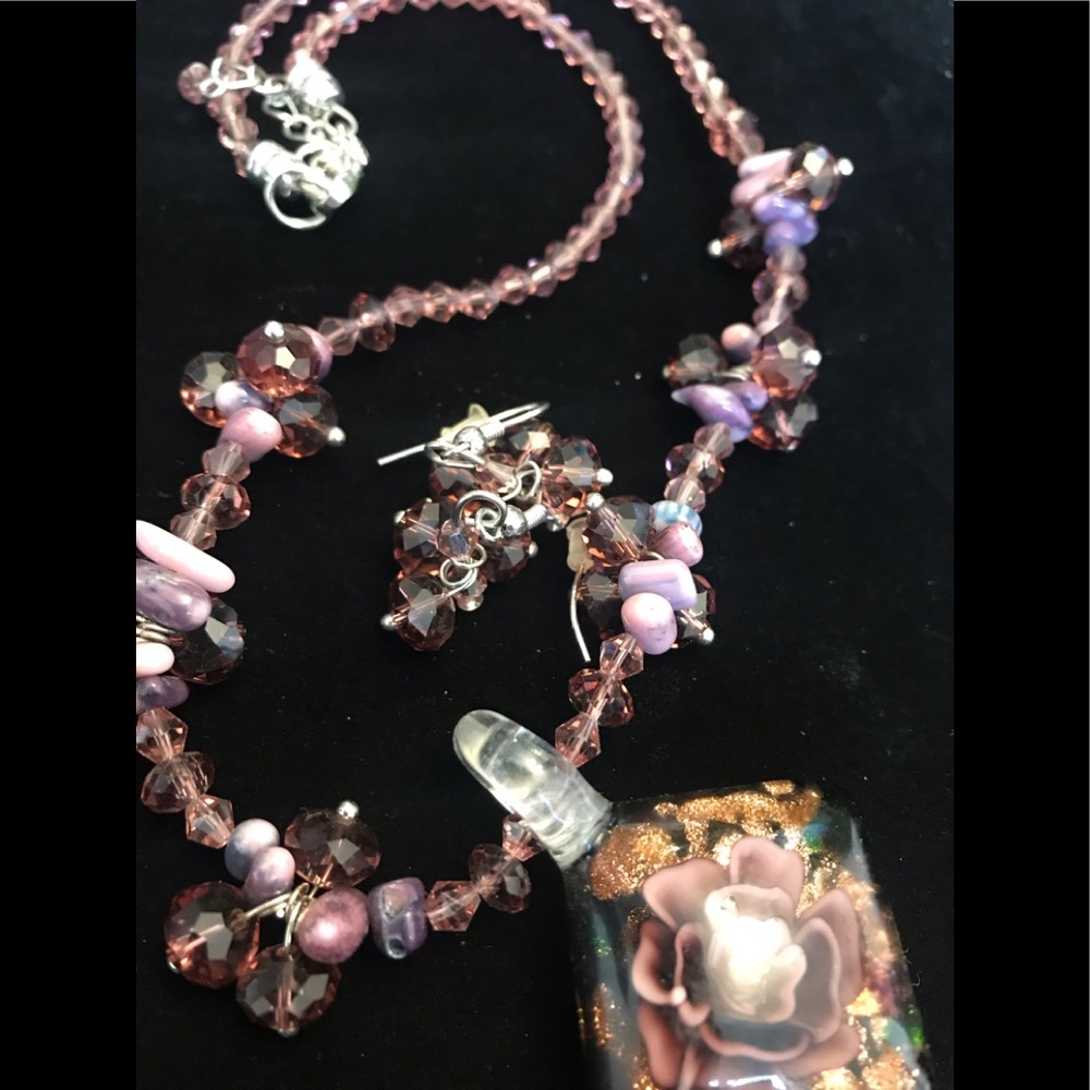 Purple glass beaded necklace and earring set
